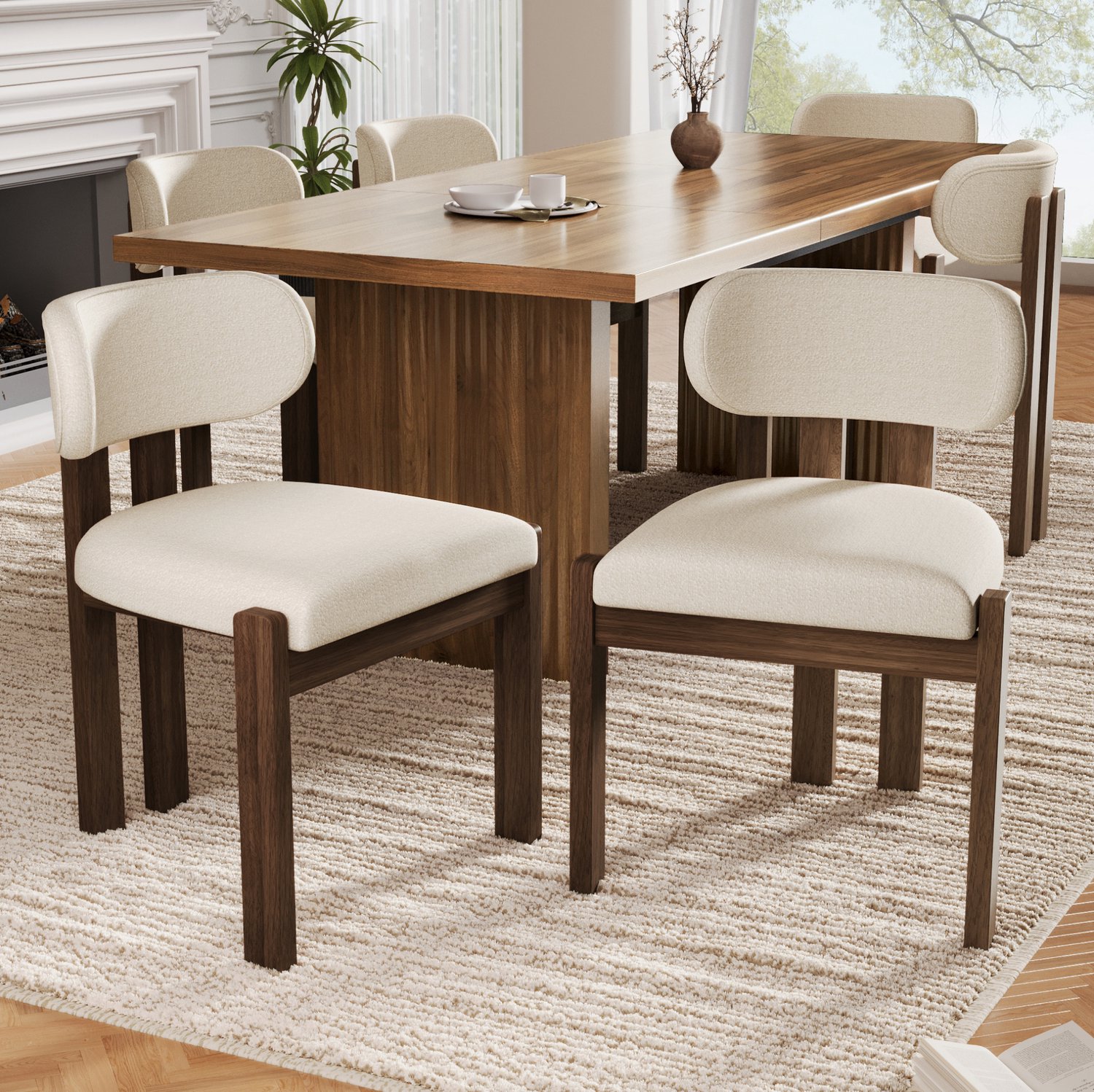 MODFU Set Van 6 Eetkamerstoelen - Met Armleuningen - Bouclé - Hout - Walnootkleur
