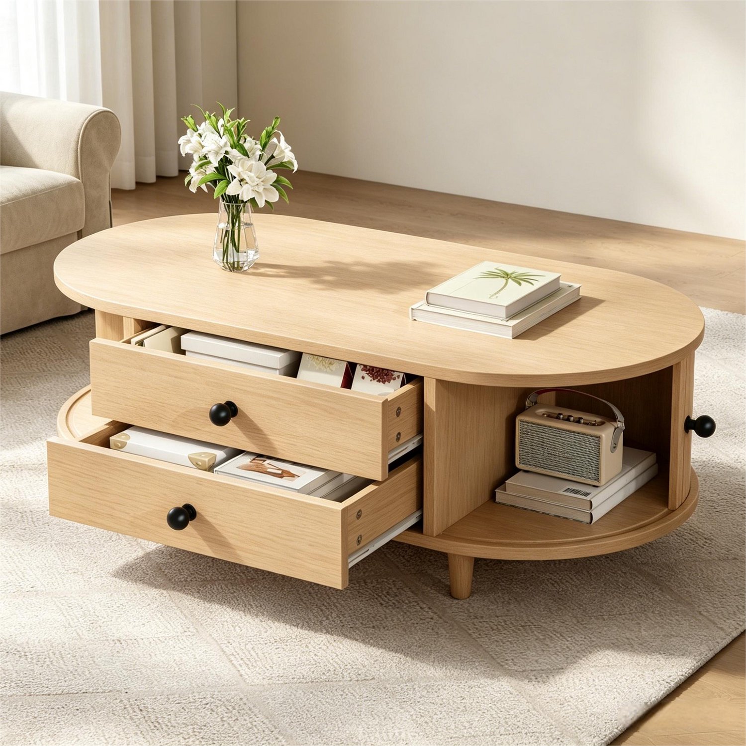 WUVRIE Salontafel 100x50x36 cm - 2 lades en roldeuren - Naturel hout Natuurlijk hout