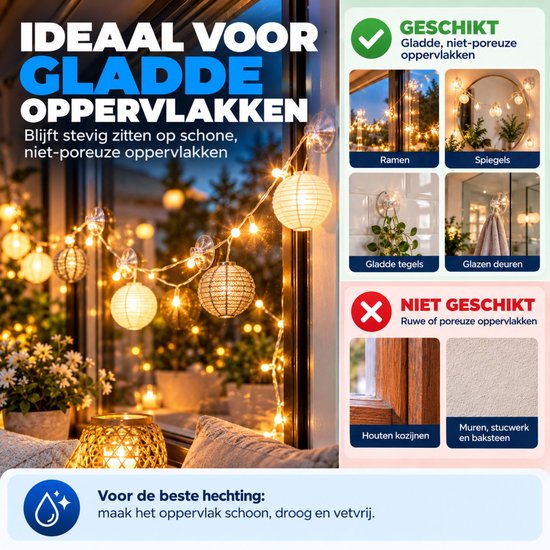Overzicht van geschikte gladde oppervlakken en ongeschikte ruwe oppervlakken voor zuignappen.