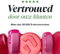 Vijf sterren beoordeling met tekst: Vertrouwd door onze klanten, meer dan 30.000 5-sterrenreviews, getoond met rode gummies.