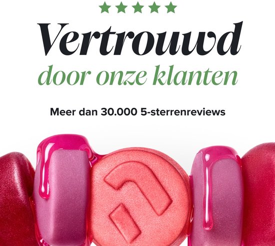 Vijf sterren beoordeling met tekst: Vertrouwd door onze klanten, meer dan 30.000 5-sterrenreviews, getoond met rode gummies.