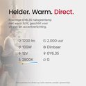 Overzicht met specificaties voor een 100W GY6.35 halogeenlamp: 1200 lm, 2800K en dimbaar.