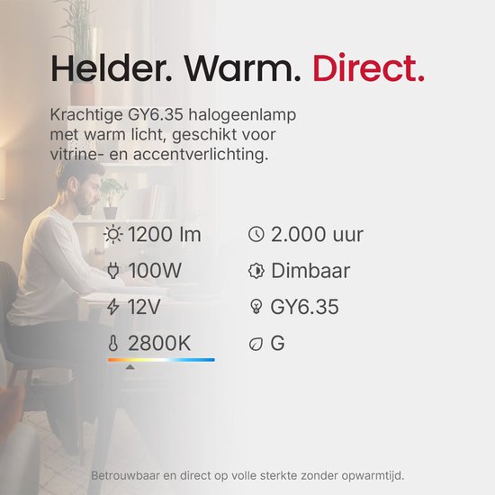 Overzicht met specificaties voor een 100W GY6.35 halogeenlamp: 1200 lm, 2800K en dimbaar.