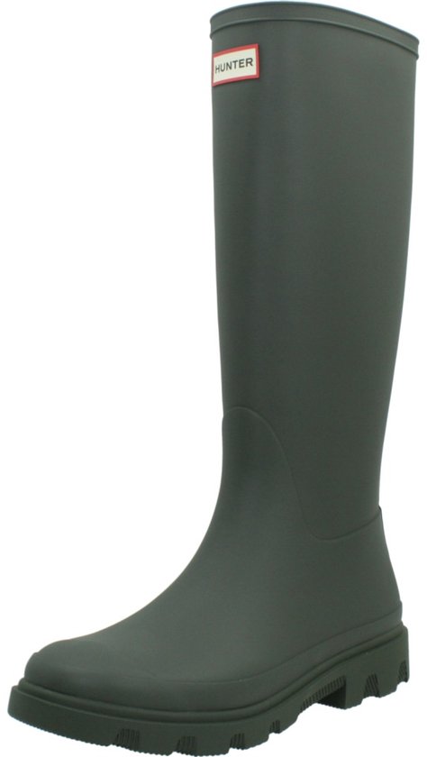 Donkergroene Hunter hoge regenlaars met rood-wit 'HUNTER' logo aan de voorzijde.