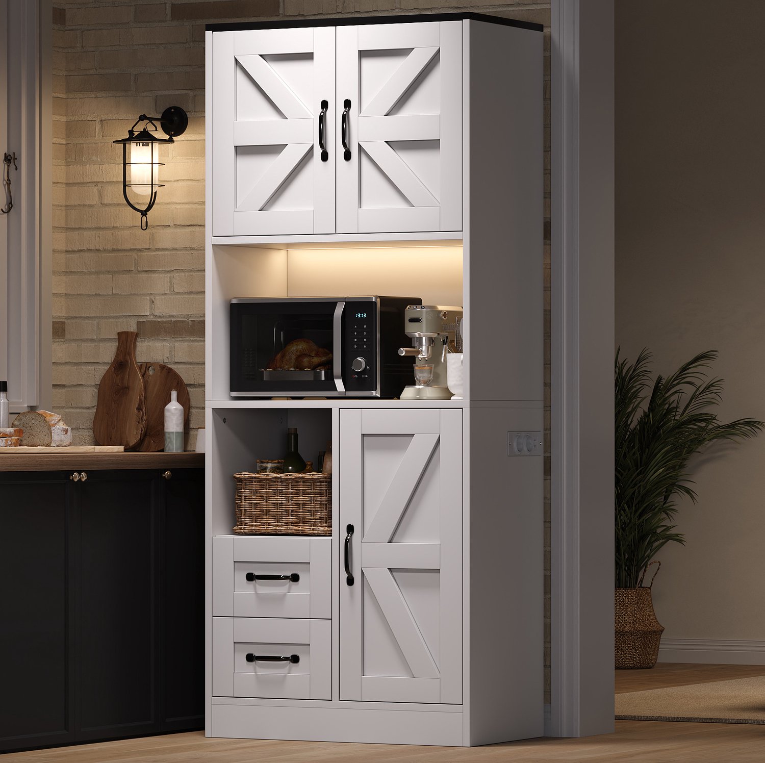MIVRAY Keukenkast - Hoge Opbergkast Met Ledverlichting En Stopcontact - Voor Keuken En Eetkamer - MDF - Wit - 72 Bij 40 Bij 173 Cm