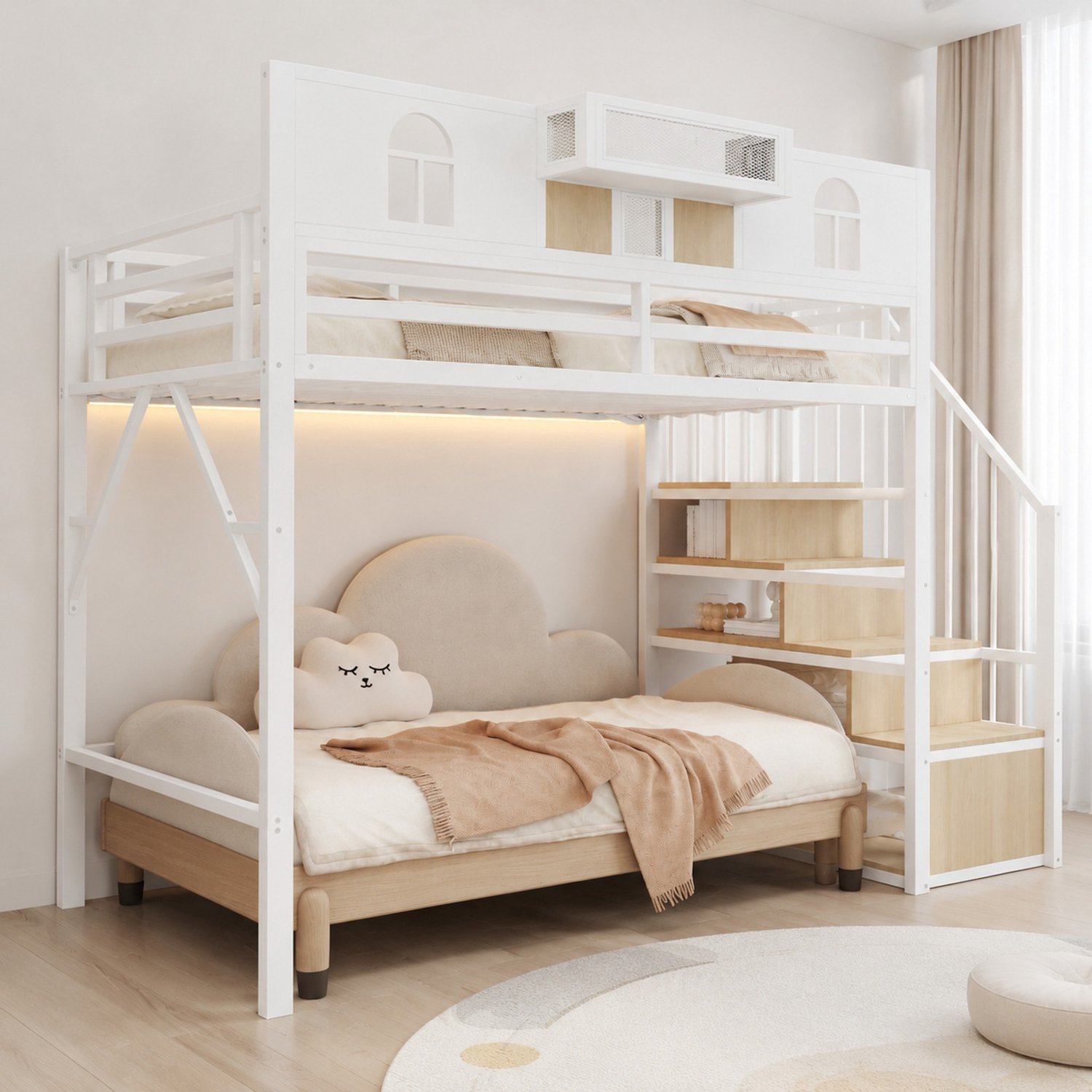 Wishdor Hoogslaper 90 x 200 cm - Opbergtrap met vakken - LED-licht en zijplank - Verhoogde bedrand - Modern minimalistisch - Slaapkamer kleine ruimte - Metaal en MDF - Wit