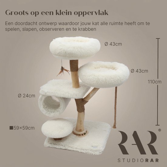 Compacte krabpaal van 110cm hoog, met duidelijke afmetingen voor slaap- en speelruimte.