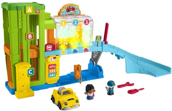Fisher-Price Little People speelgoedgarage met lichtgevende wasstraat, gele auto en twee figuren.