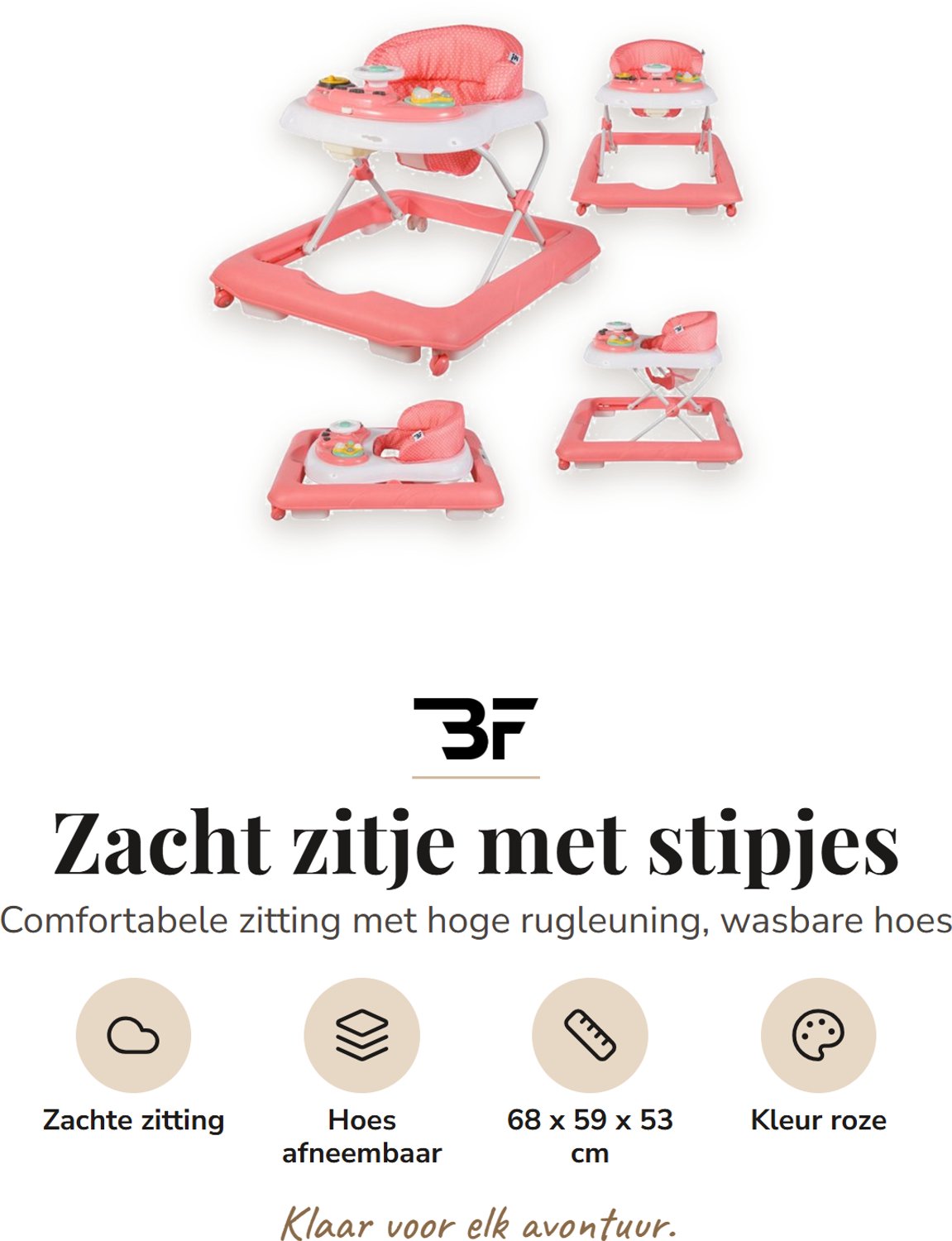 Bebies First Loopstoel / Baby Walker – Makkelijk in te klappen – In hoogte verstelbaar – Met afneembare speelset - Roze – foto 3