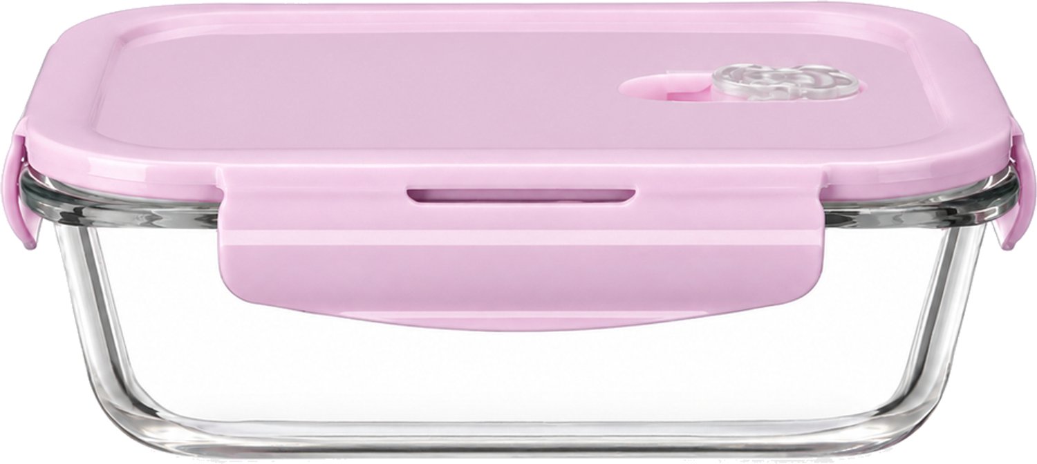 Broodtrommel van hoog borosilicaatglas, 640 ml, rechthoekig met roze deksel, geschikt voor verwarmen in de magnetron
