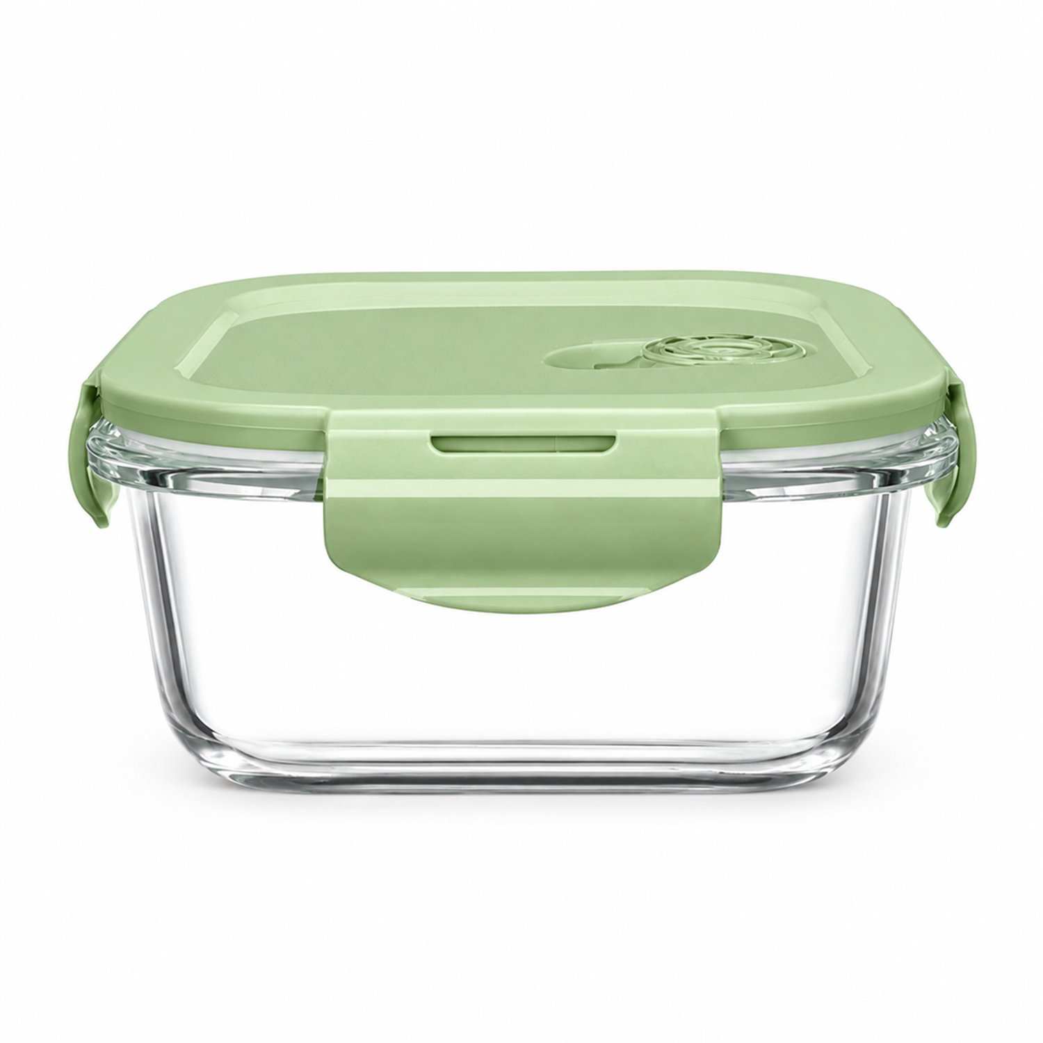 Broodtrommel van hoog borosilicaatglas, 520 ml, vierkant met matchagroen deksel, ca. 137 × 137 × 67 mm