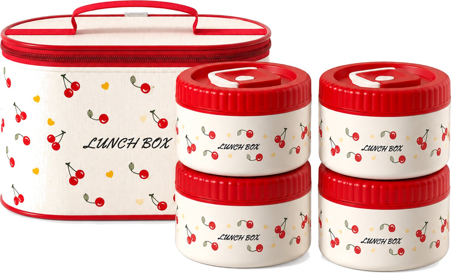 Broodtrommelset met 4 kommen van 600 ml, binnenzijde van RVS 304, geïsoleerde tas en driedelig bestek