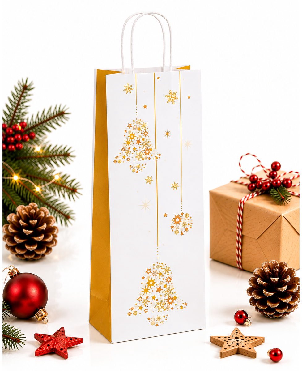 Packadi Papieren Flessentas Kerst Gouden Klokken - Wit - 14+8x39 cm - 50 stuks Wijntas papier / Cadeauverpakking /draagtas voor Fles/wijn / Fleszak · Fles zak /Geschenktas-Flesverpakking-Cadeautas 1 fles-Verjaardag