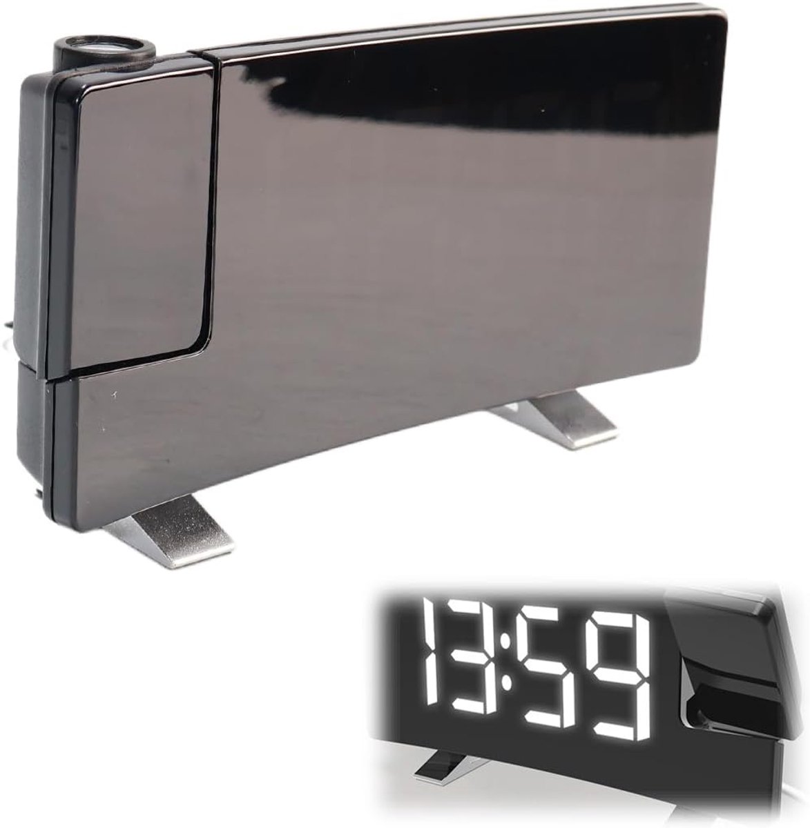 FM Radio Projectie Wekker 8 Inch Gebogen Scherm Digitale Display Zwart Wit Cijfers