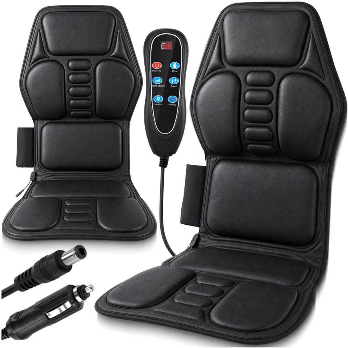 MOZY® - Luxe Autostoel Massage - met Verwarming - Zwart - 9 Intensiteitsniveaus en Snelheden - 3 Verwarmingsstanden - met Timer - Kunstleer - Autostoel Verwarming - Massagestoel - Rugpijn Verlichting - Kerst - Verwarmde Autostoel