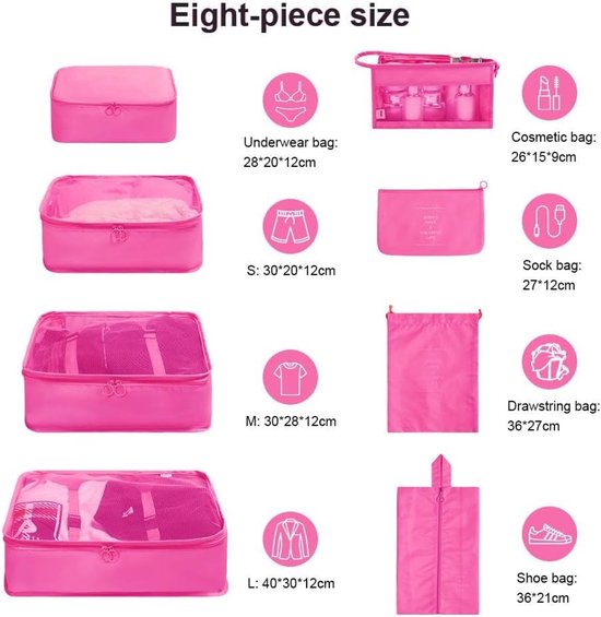Compressie Inpak Cubes Set van 8 Stuks voor Reisorganizers en Koffers - Ideaal voor Kleding en Bagage, Roze Rood — afbeelding 5