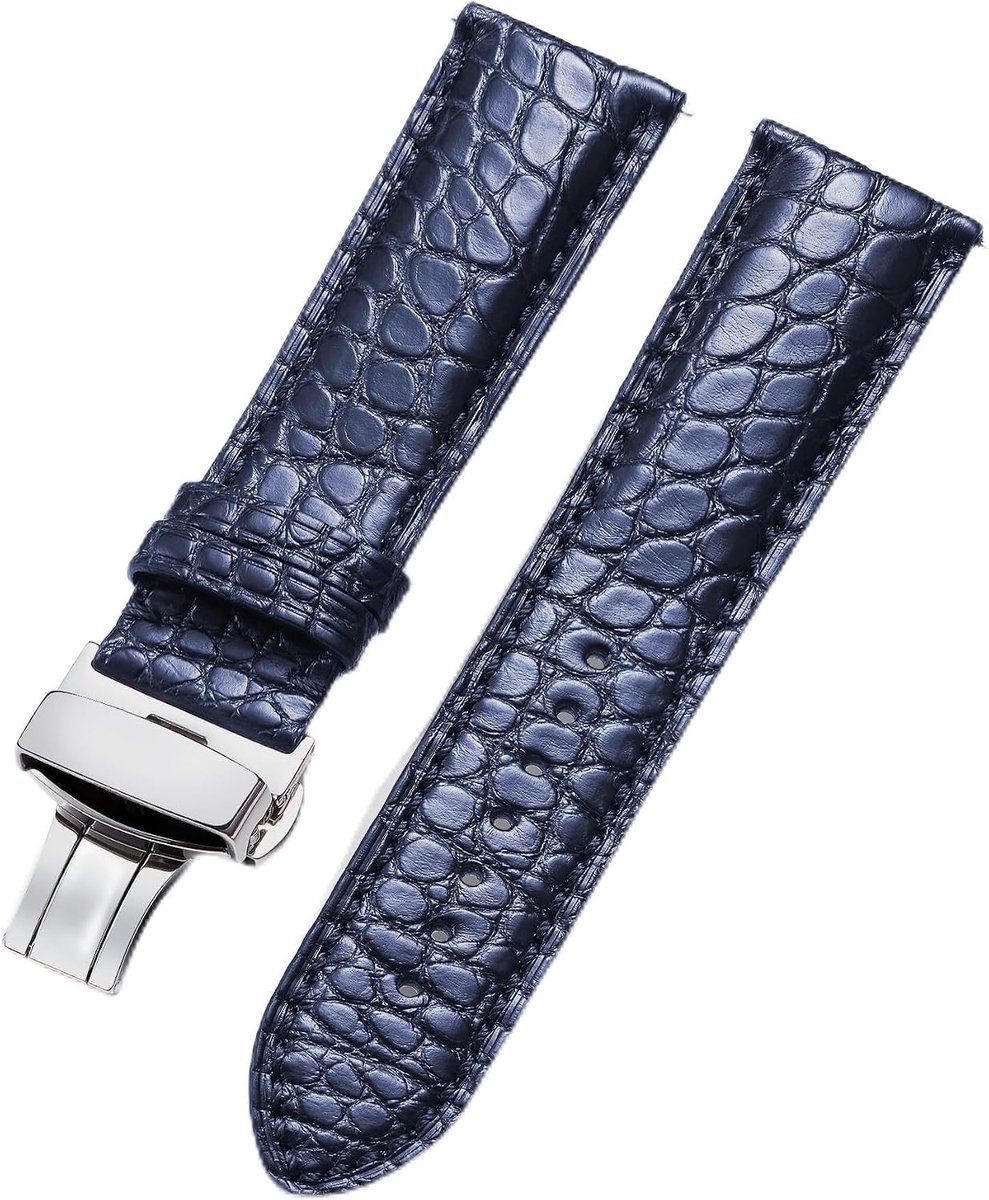 BINLUN Watch Band Circular Crocodile Embossed Strap Crocodile Leather with Butterfly Buckle Stainless Steel Black - ShopVlot