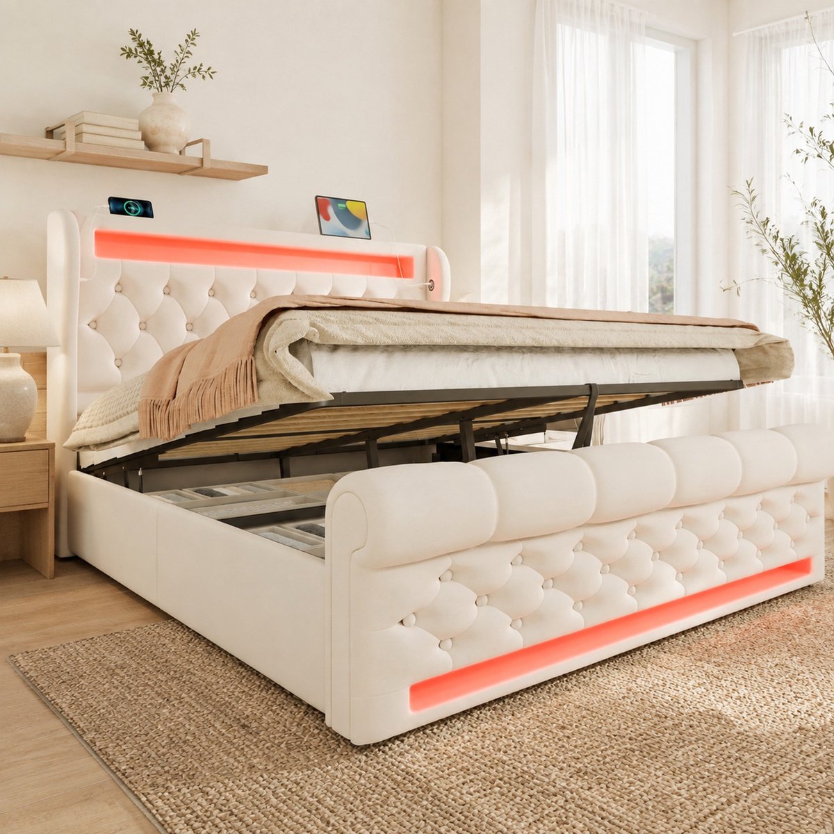 WUVRIE Tweepersoonsbed 160x200 cm met LED, USB en Type-C, hydraulische opbergruimte, beige