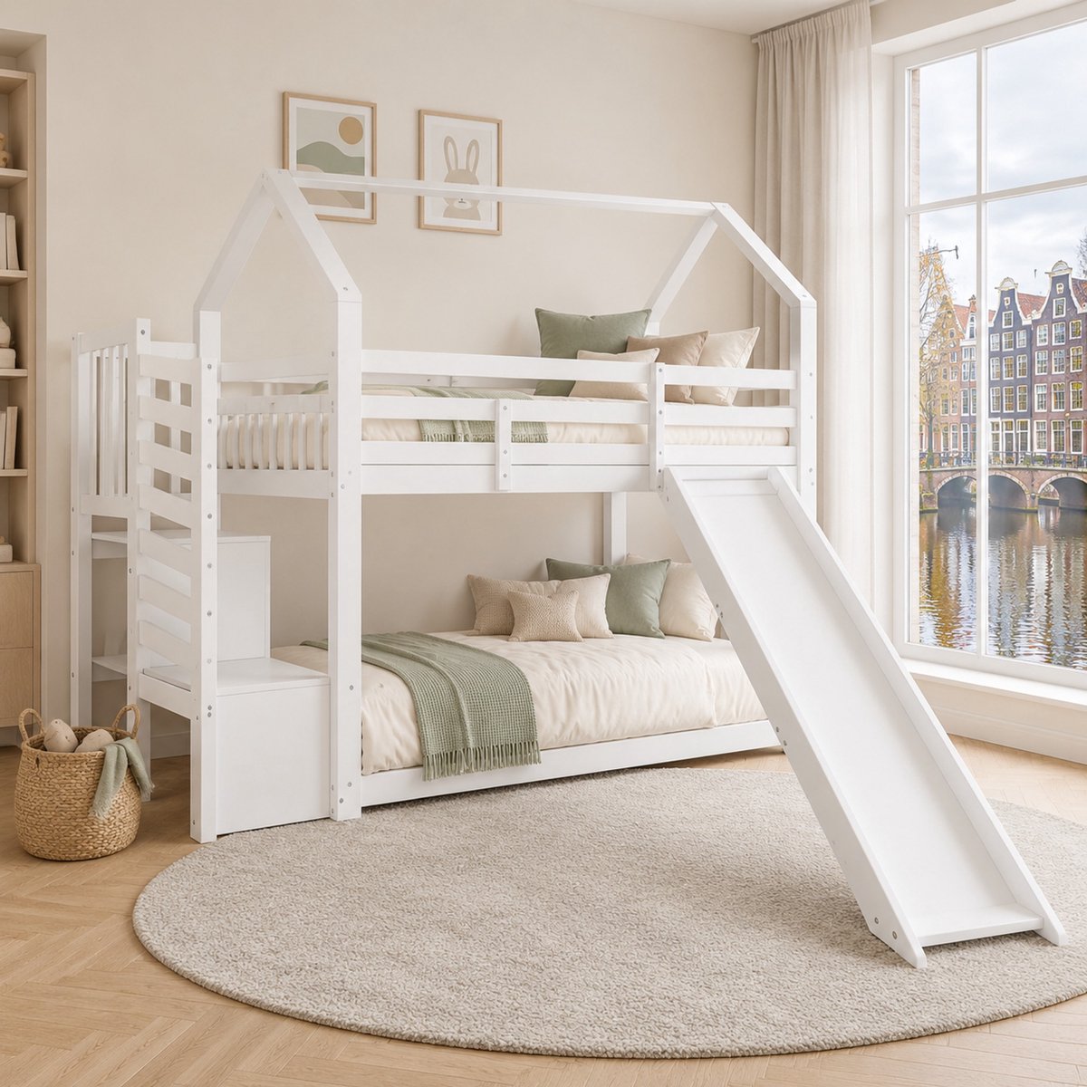 WUVRIE Stapelbed 90x200 cm met huisdesign, glijbaan, opbergtrap en hekken, kinderbed in wit