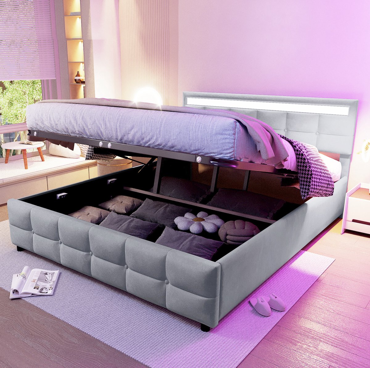 WUVRIE Gestoffeerd bed 180x200 cm met LED, hydraulische opbergruimte en lattenbodem, grijs