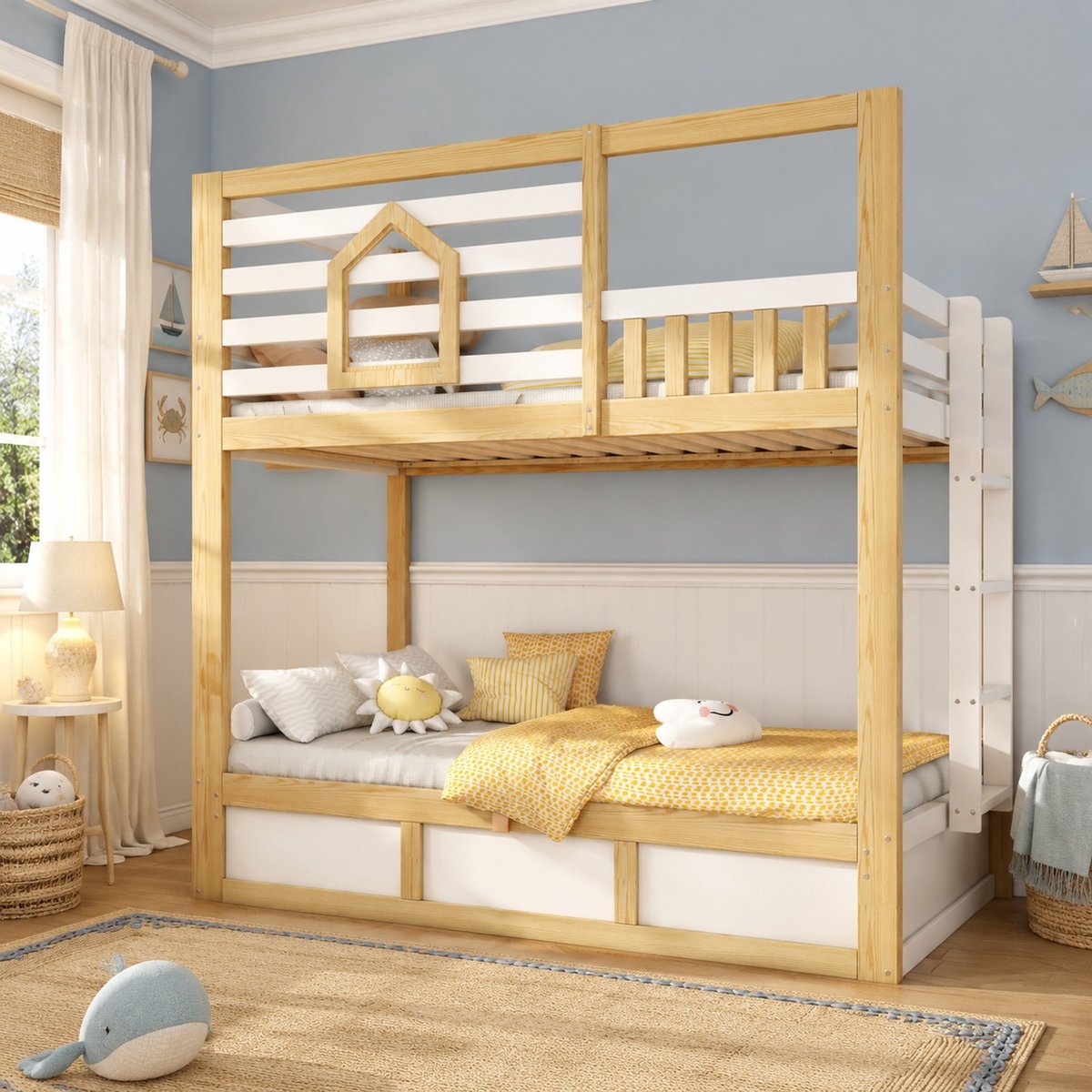 WUVRIE Kinderstapelbed 90x200 cm met hydraulische opbergruimte, veiligheidshek en rechte ladder, wit/eiken