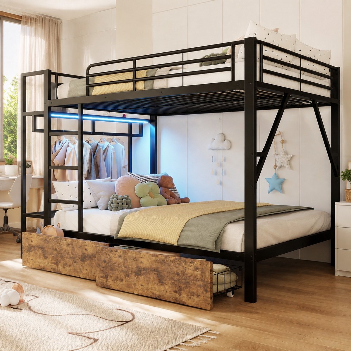 WUVRIE Stapelbed 140x200 cm met metalen frame, LED, 2 lades en kledingstang, zwart