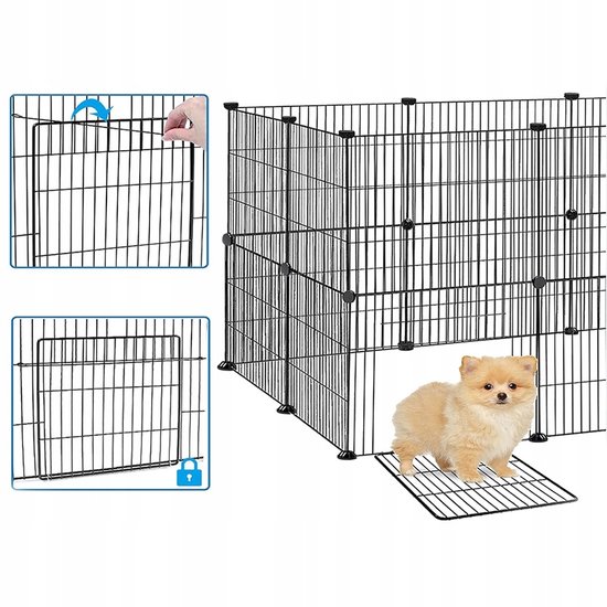 Zwarte metalen ren met een vergrendelbaar deurtje voor een puppy.