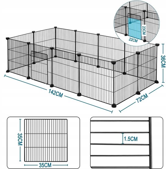Schema van zwarte metalen ren met afmetingen 142x72x36 cm en een paneel van 35x35 cm.