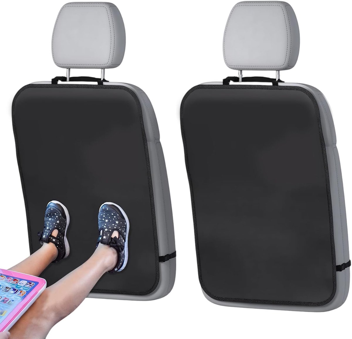 Autostoelbeschermers, autostoelmatten met organizerzakken en verstelbare riem voor kinderen, waterdicht en vlekbestendig, universele autobeschermers, 70 x 49 cm (zwart) (geen zak)