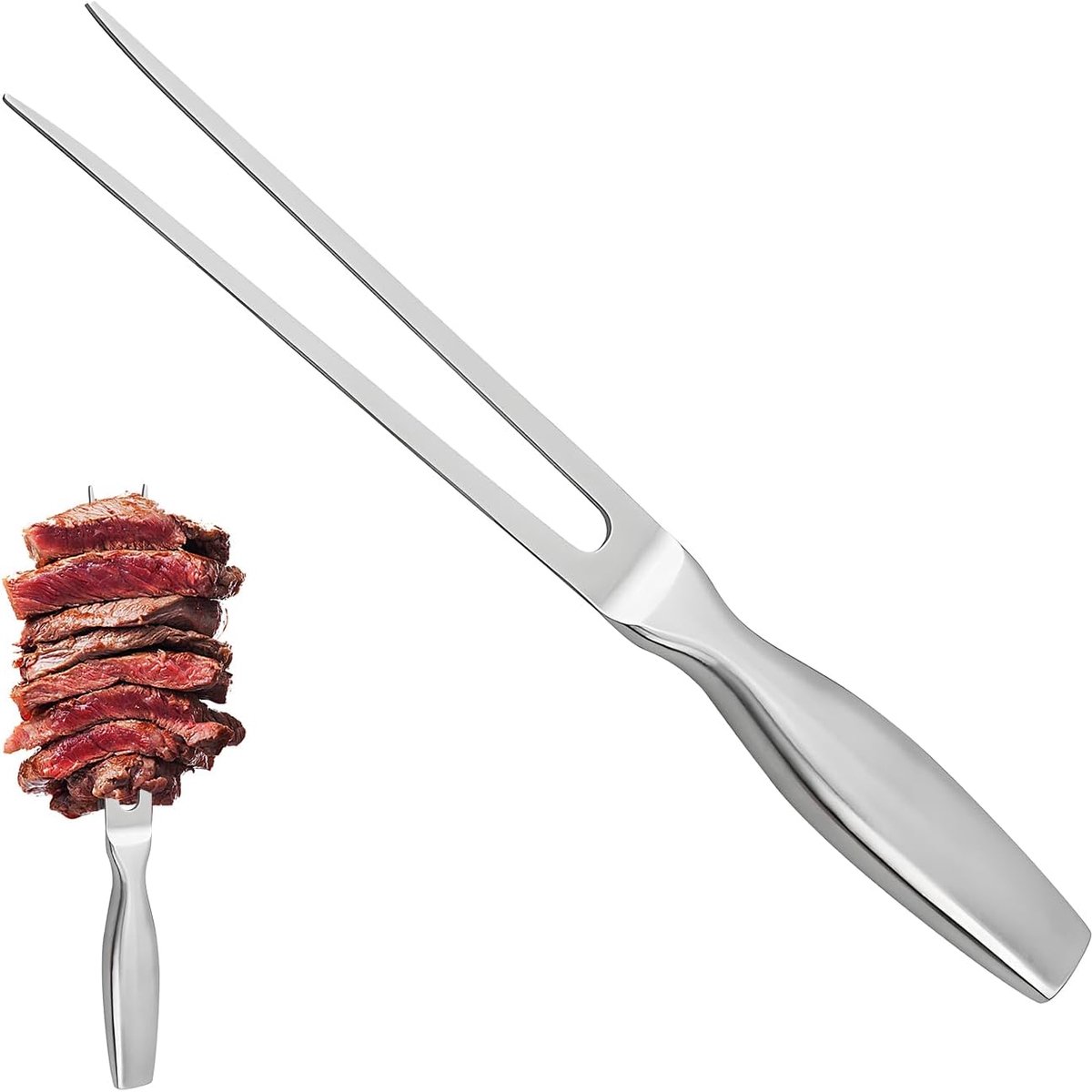 Vleesvork van roestvrij staal, 27 cm, draagbare vleesvork met handvat, trancheervork rechte grillvork met houten handvat, onbuigzaam multifunctionele kookvork voor grill, keuken, kalkoen