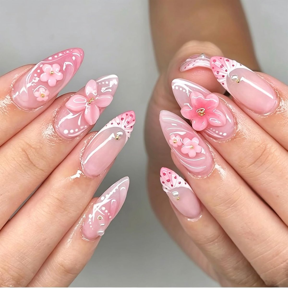 24 stuks 3D-bloemen, press-on nagels, schattige roze amandel, kunstnagels met vlinder en kralen, Frans kleurverloop, vingernagels om op te plakken, set voor vrouwen, met lijm, vijl