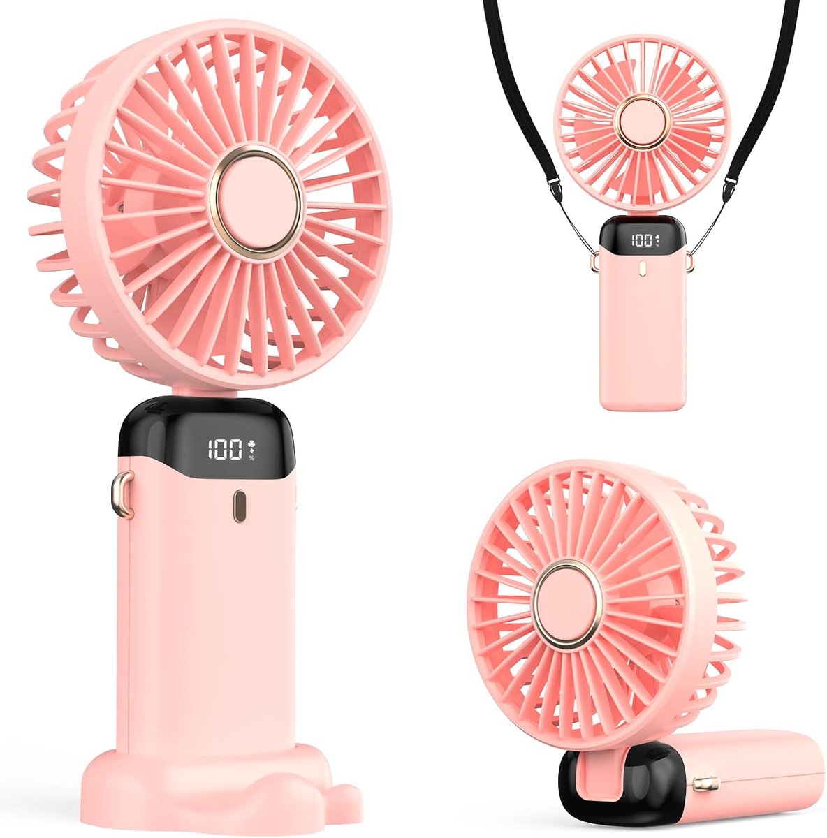 Handventilator, 4200mAh USB Ventilator met LED-display, 3-in-1 Hand-/Nek-/Bureauventilator, 90° Verstelbaar en Opvouwbaar, Verkoeling voor Zomer, Thuis, Kantoor, Reizen, Cadeaus (Roze)