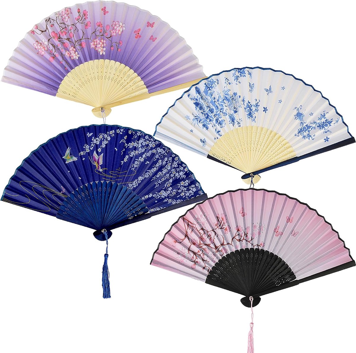Waaiers voor bruiloft, 4 stuks, van hout, zomer, bruiloft, waaier met kwast, ceremoniewaaiers voor verjaardag, bruiloft, feest, carnaval, fotografie, wanddecoratie (paars, blauw, roze)