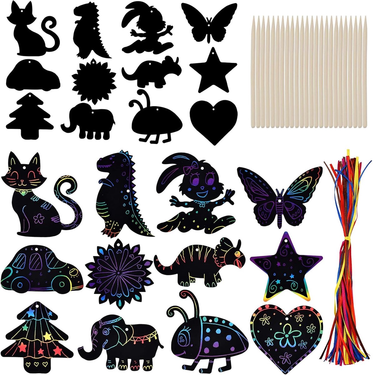 48 stuks krasafbeeldingen, kinderset, magische regenboog-kraspapier met linten, kraspen, raamafbeeldingen, kraskaarten voor knutselen, feest, cadeautje, cadeau voor verjaardagen, feesten, doe-het-zelf