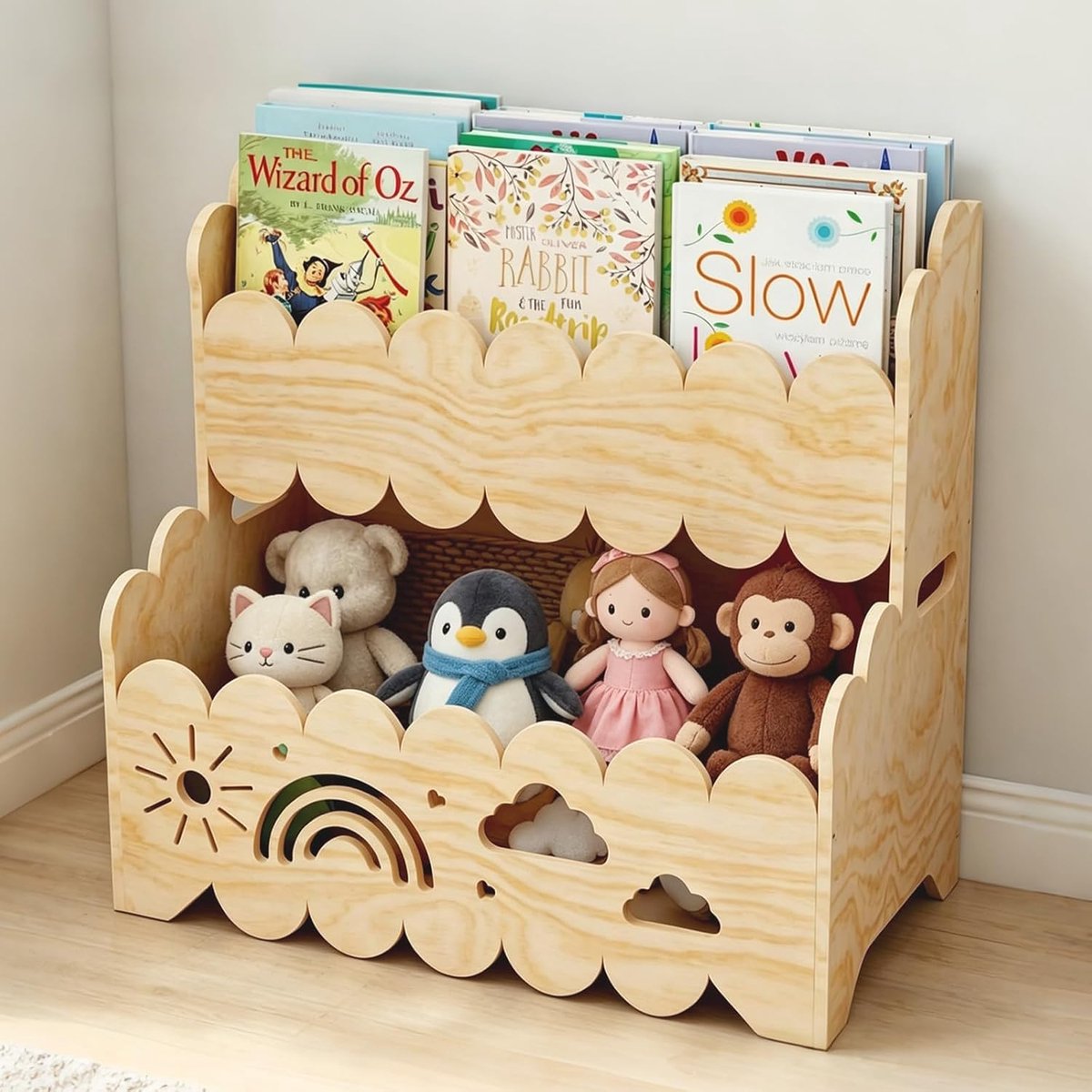 Houten boekenkast voor kinderen, 2 etages, wolkenmotief, speelgoed, rek voor kinderkamer, kleuterschool