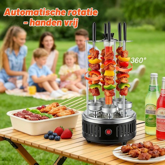 Elektrische tafelgrill, verticale barbecue van roestvrij staal, sjasliekgrill met 12 spiesen en 2 glazen buisverwarmingen, 1000 W, rookvrije binnengrill voor thuis, balkon, tuin — afbeelding 4