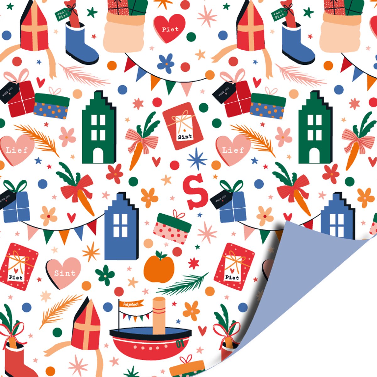 Het Inpakhuis - Cadeaupapier - Inpakpapier - Kadopapier - Sinterklaas - Pakjesavond - Pakjespret - Blauw - Piet - Schoencadeau - 50cm x 3mtr