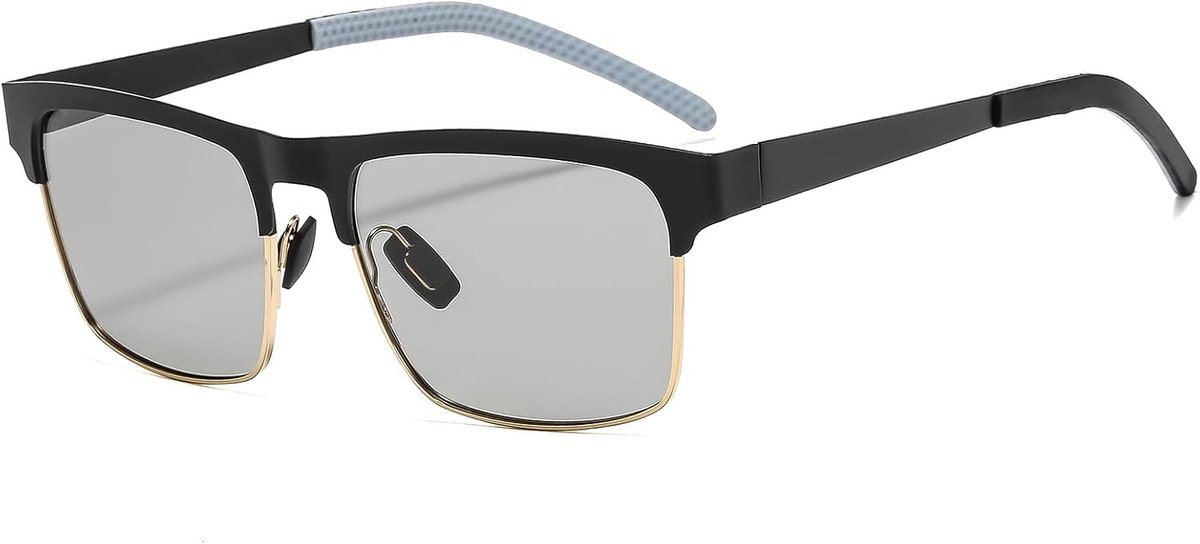 Zonnebril voor heren, gepolariseerde zonnebril, rechthoekig, UV400-bescherming, rechthoekige zonnebril, outdoorsport, mode, halfgouden montuur, kleurwissellens, Black2+bs
