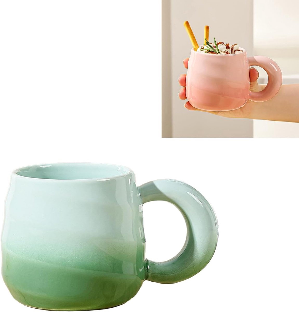 Koffiemok van 400 ml, met schroefdraad, cappuccinokop, theekop, keramische mok, zacht kleurverloop (groen)