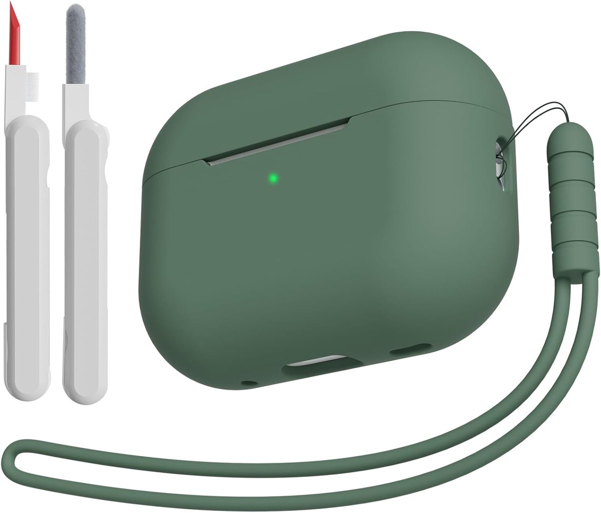 Hoesje compatibel met AirPods Pro 2 (2023/2022/2019) met reinigingsset en lanyard, zachte siliconen schokabsorberende beschermhoes voor AirPods Pro 2e/1e generatie, diepgroen