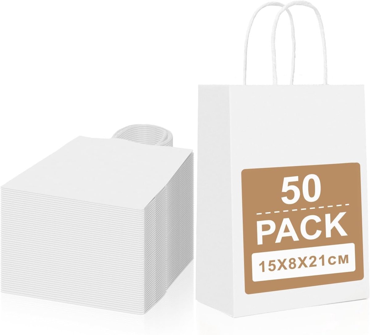 50 stuks kleine papieren zakken met handvat, witte kraftpapieren zakjes, 15 x 8 x 21 cm papieren draagtas, cadeautassen voor het verpakken, winkelen, verjaardag, feesten, bruiloft, Kerstmis
