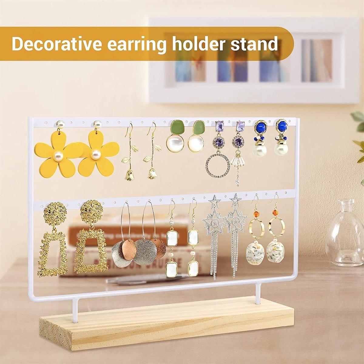Oorbellen Houder 2 Laag Sieraden Oor Stud Organizer Display Stand Oorbellen Boom Metalen Ijzeren Haak Met Houten Basis (Zwart/Wit) Sieraden display (Color : Black-2, Size : L) — cadeau in Sieraden - foto 2