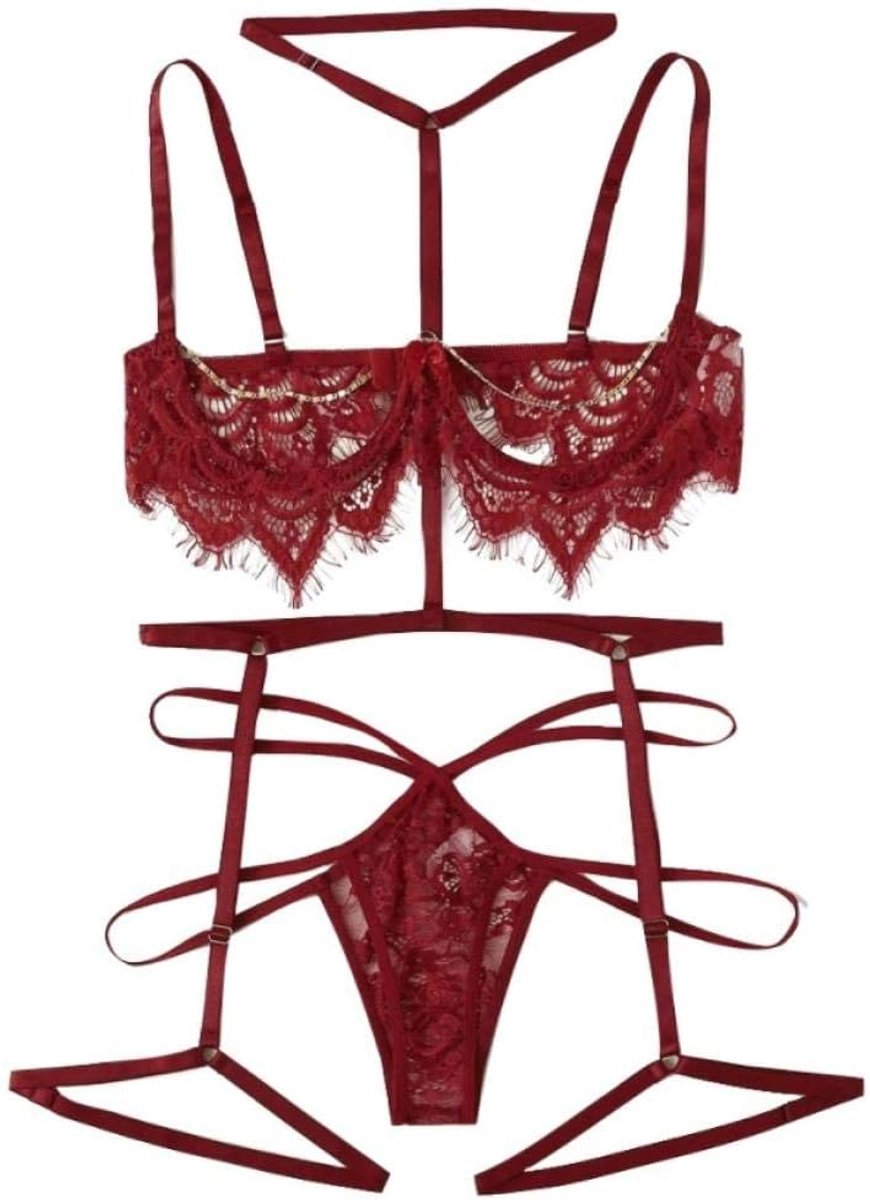 Sexy dames erotische lingerie 3 ST Sexy Lingerie Vrouwen Kant Borduurwerk Beha Perspectief G-string Thong Verleiding Ondergoed Erotische Porno Nachtkleding Set-Wine_M