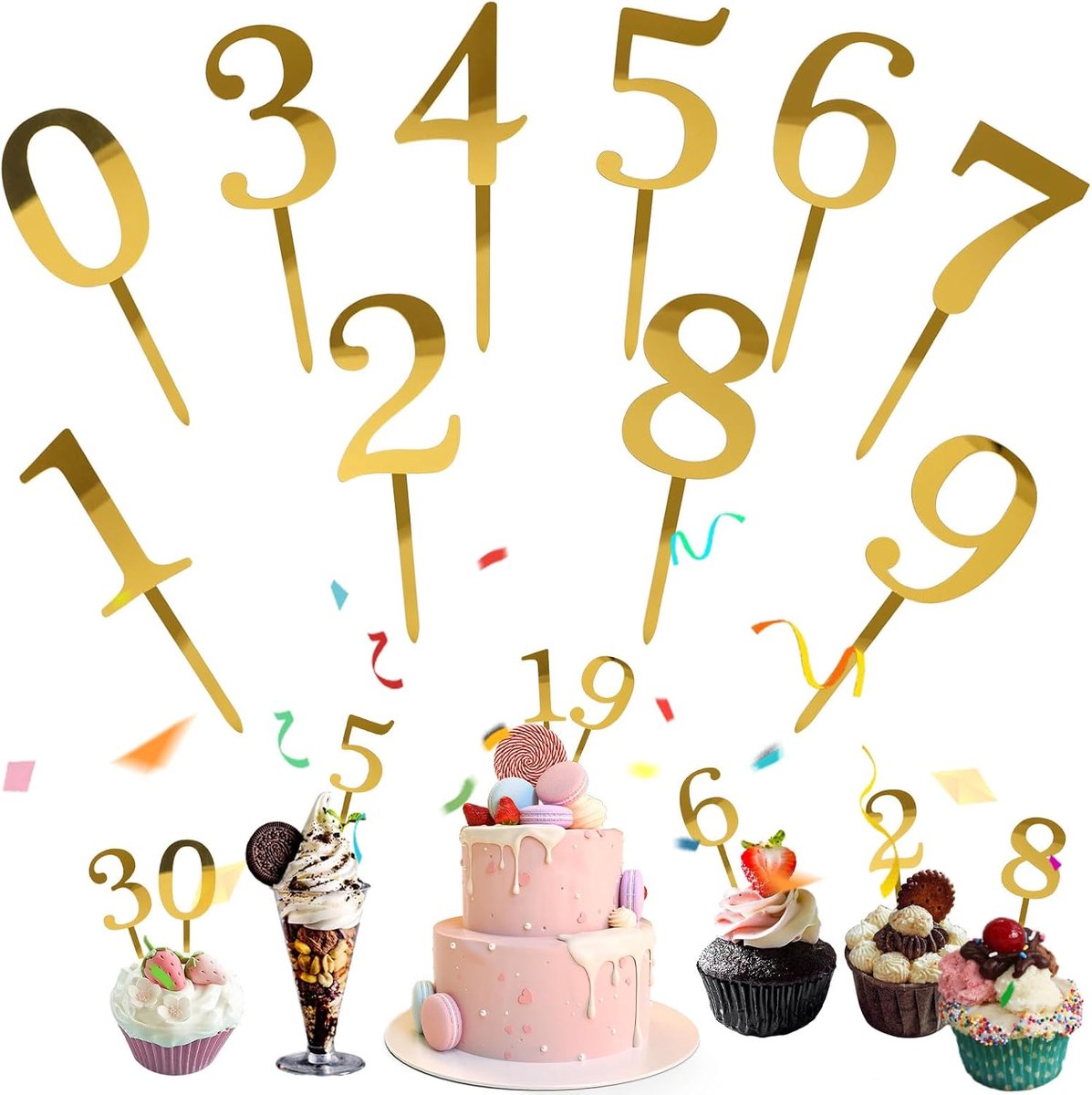 10 stuks getal taarttoppers cijfers 0-9e verjaardag taartdecoratie taartsteker, cupcake, acrylmateriaal, geschikt voor verjaardagsfeesten van alle leeftijden, bruiloftsfeest