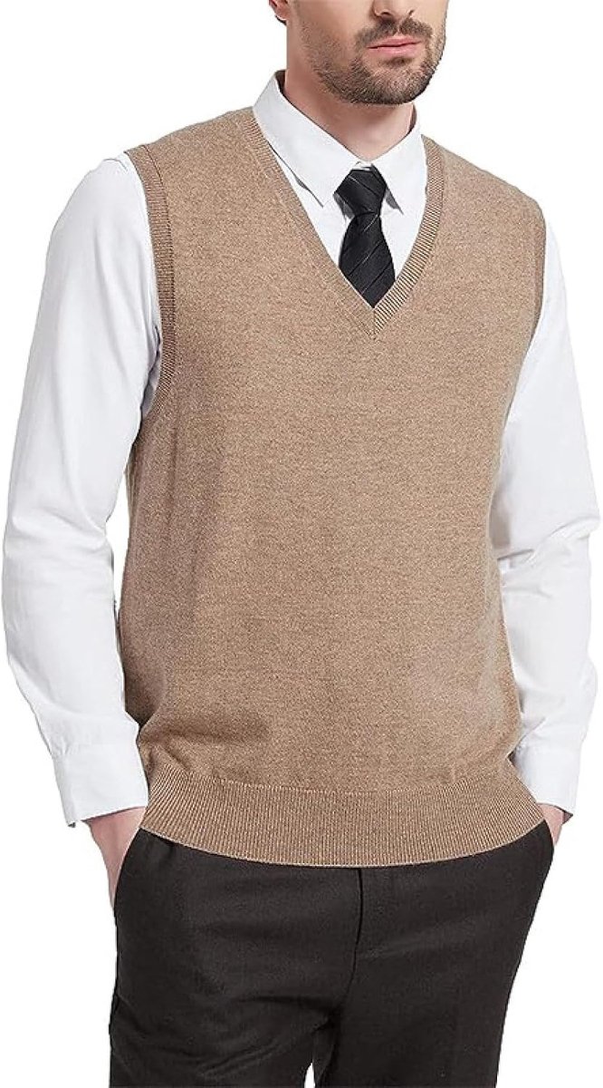 Effen Zakelijk Herenvest Met V-Hals, Herfst- En Winter Herentrui Gebreid Vest Vaderkleding Van Middelbare Leeftijd, Heren Gebreide Trui Tanktops, Camel, S