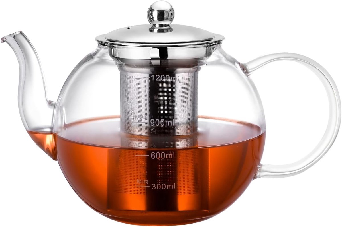 Theepot van glas, 1200 ml, met zeefopzetstuk, hittebestendig, uitneembare roestvrijstalen zeef, theezeef, borosilicaatglas, theemaker met deksel voor theebloemen, losse thee en theezakjes