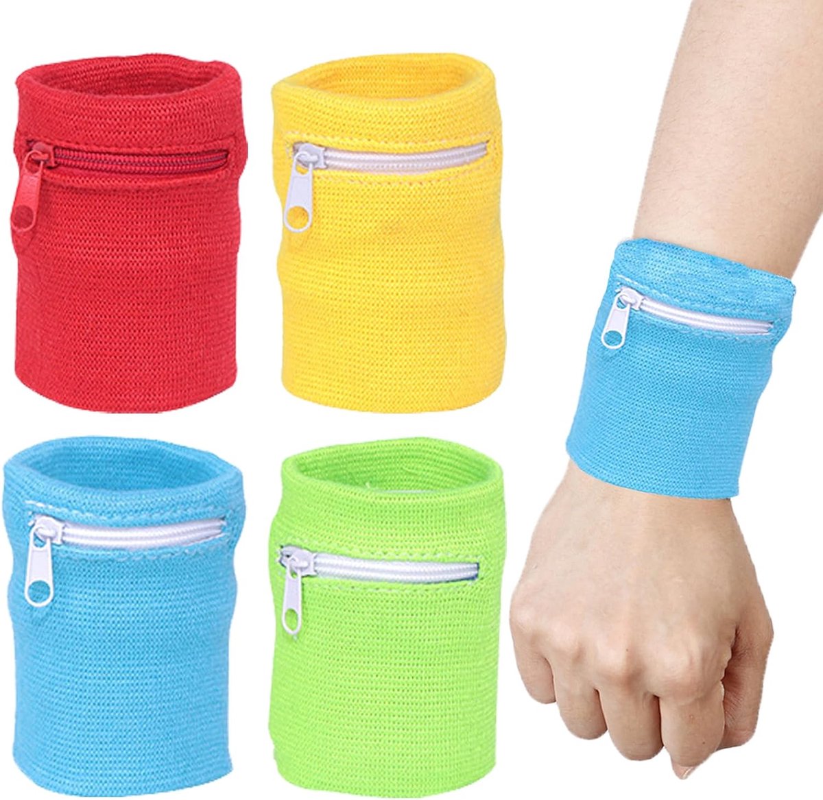 4 stuks sportpolstas, polstas met ritssluiting, zweetband, voor heren en dames, zweetbanden, pols voor joggen, wandelen, fietsen, hardlopen en yoga