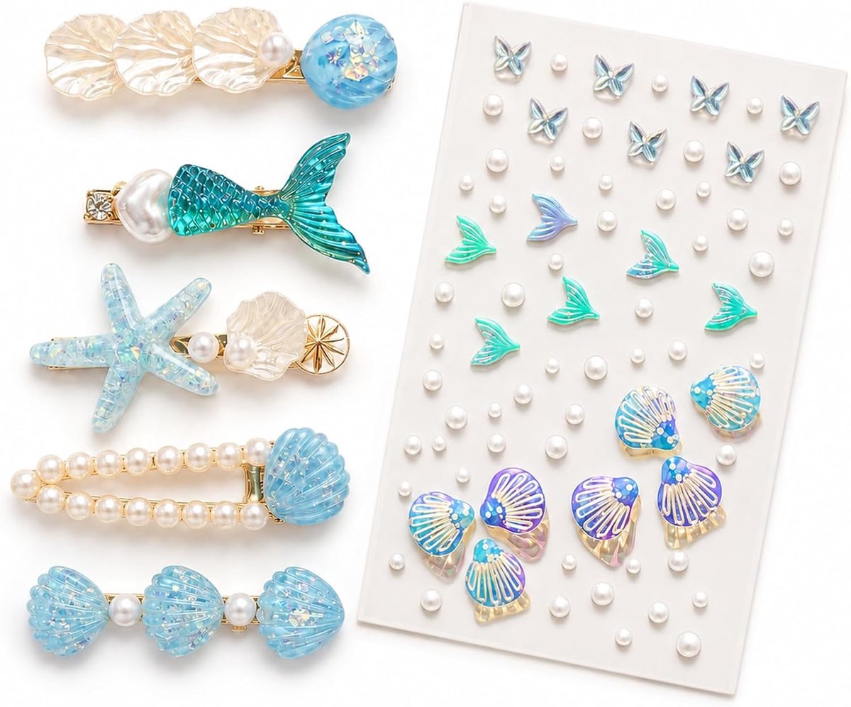 Haarspelden set 6-delig: oceaanblauwe zeester & schelp haarsieraad. 5 clips + 1 sticker voor meisjes feest, verjaardag, verkleedpartij.