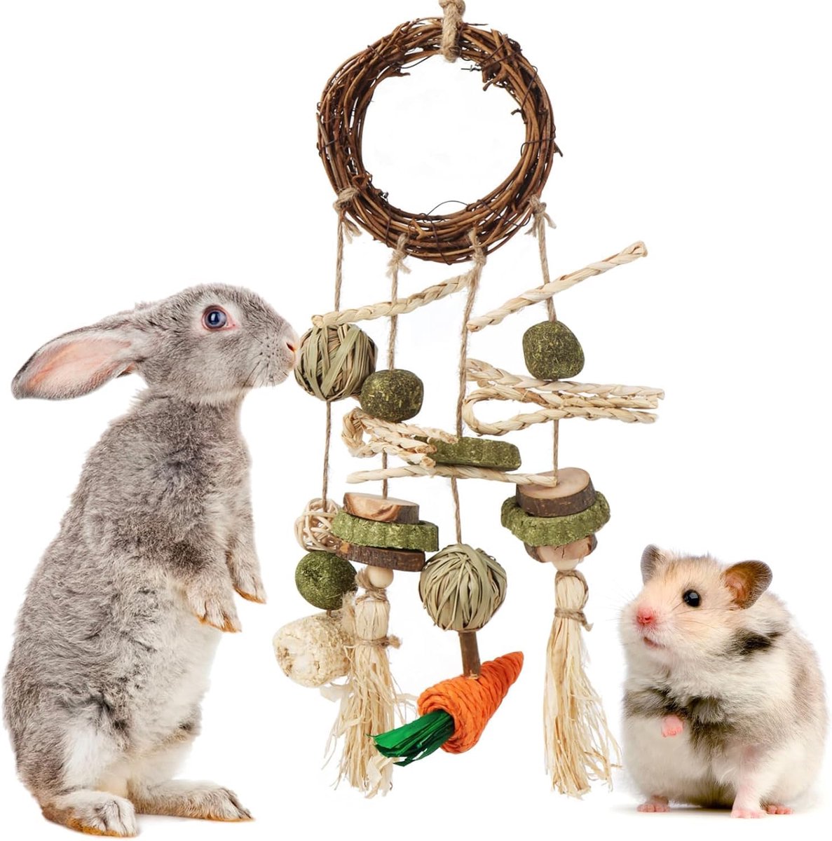 Speelgoed, hazenaccessoires, kooi, hangend kauwspeelgoed, konijnenspeelgoed met hooi en tandverzorgingsbal voor hamsters, cavia's