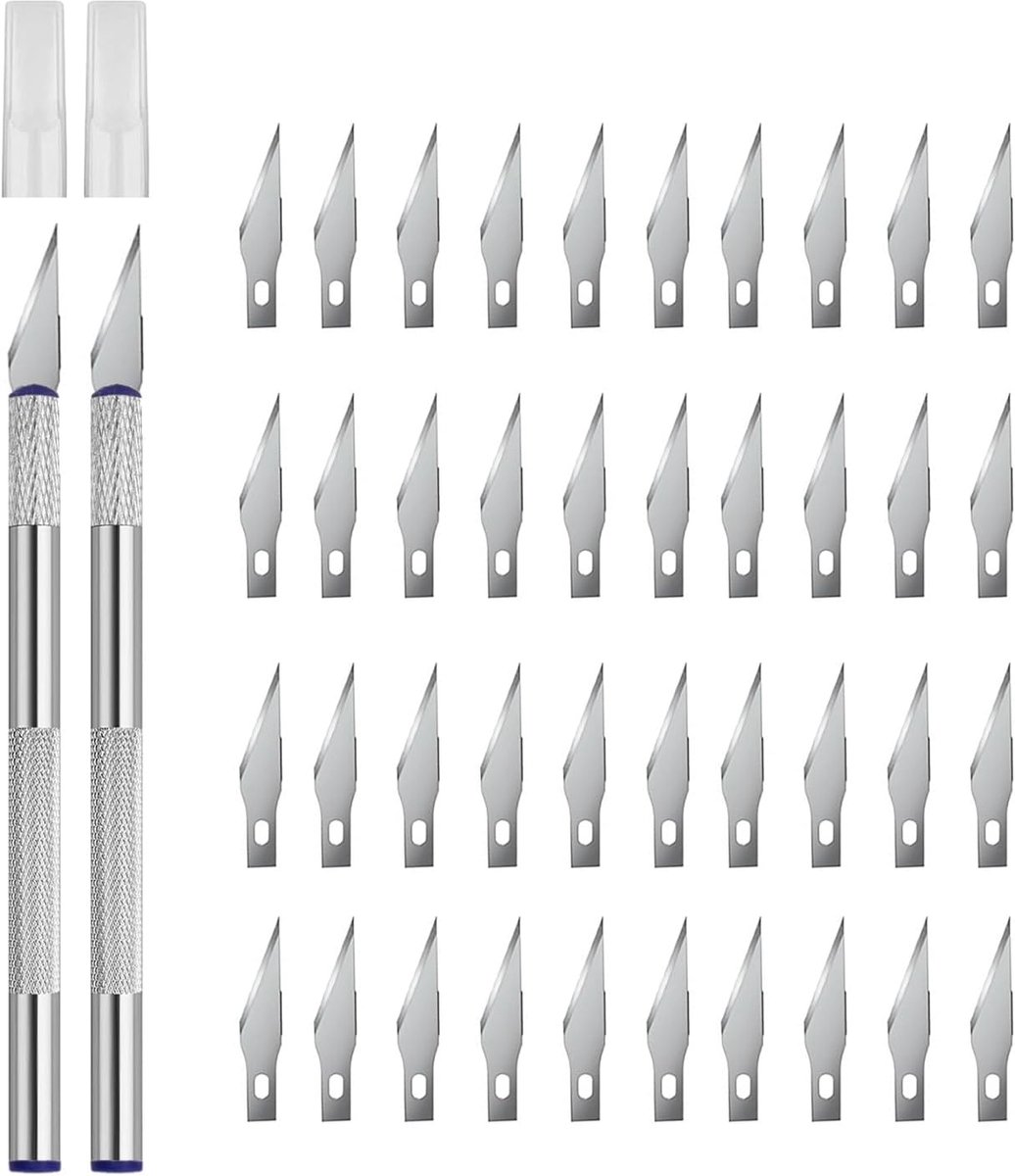 2 stuks precisiesnijders met 40 reservemessen voor hobby, kunst, snijwerk (zilver)